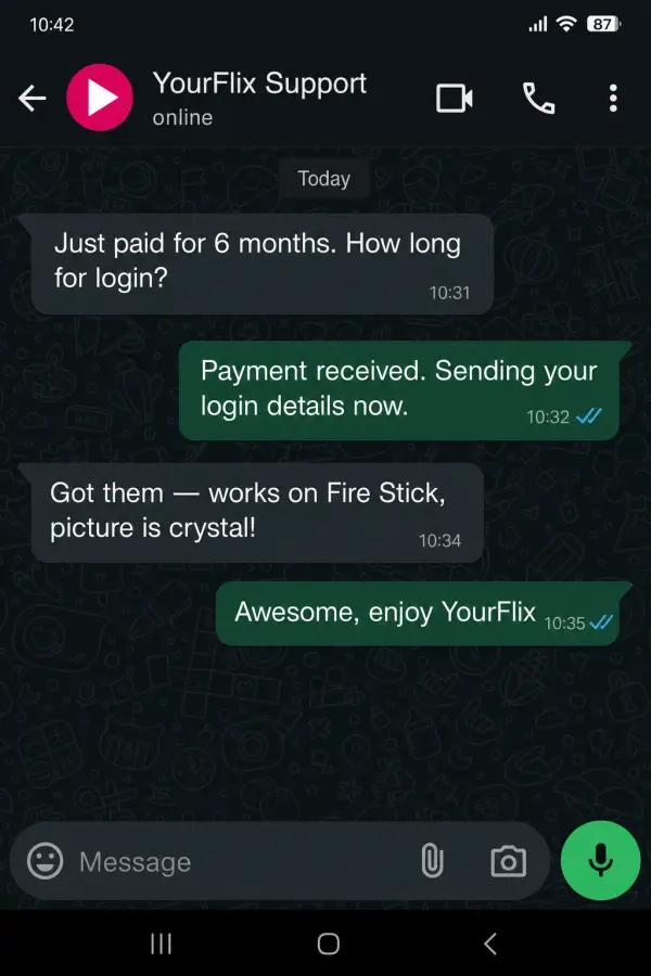 Example WhatsApp support conversation — Before ordering