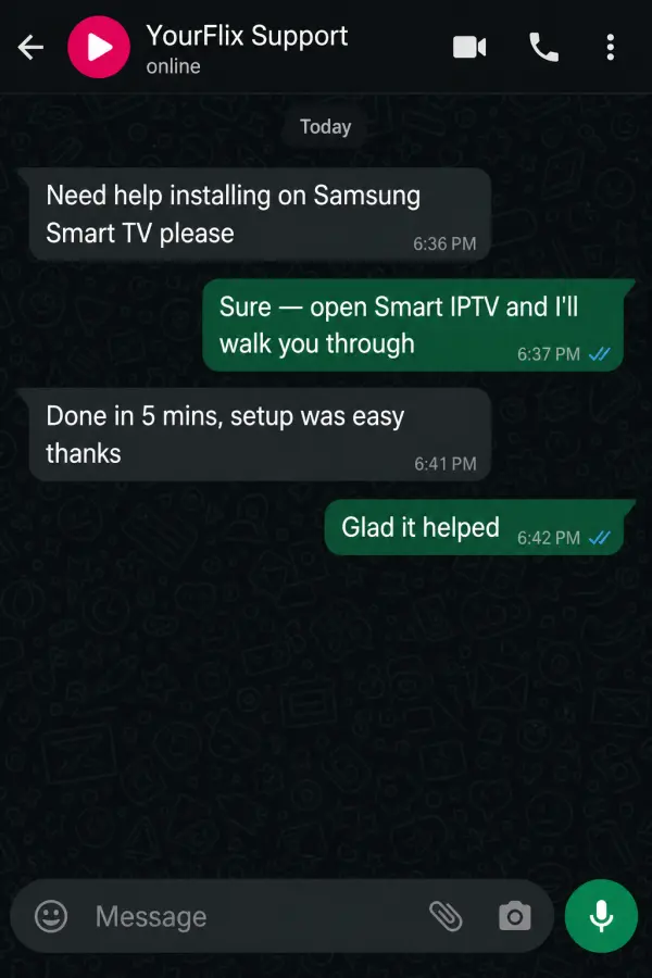 Example WhatsApp support conversation — Setup guidance