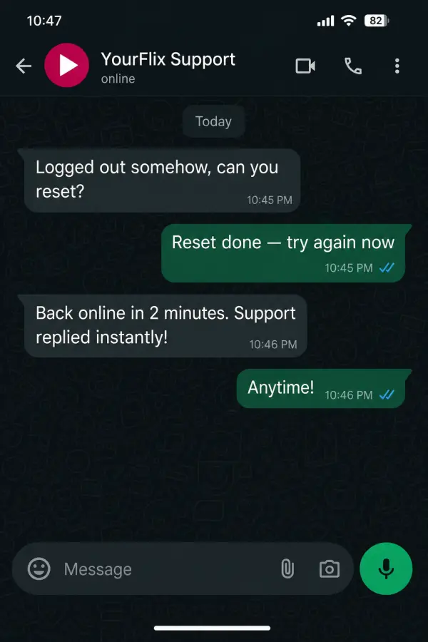 Example WhatsApp support conversation — Support follow-up