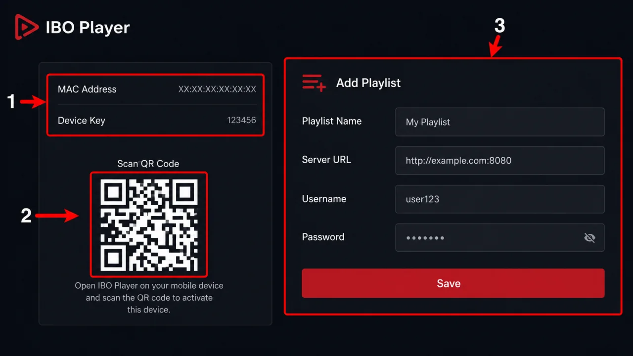 IBO Player tutorial with arrows highlighting the MAC address, device key, QR code and playlist fields.